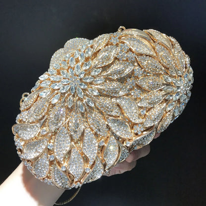 Gold Metal Leaves White Crystals Evening Clutch Bags Luxury Women Wedding Party Purse Ball Handbags Rhinestone Mini Shell Bag