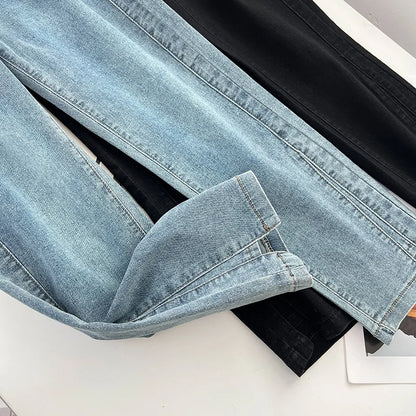 Women's Split Leg Opening Drainpipe Jeans, Casual Ankle Length Denim Pants, Straight Leg, Plus Size, Spring, Autumn, 100kg, 1649