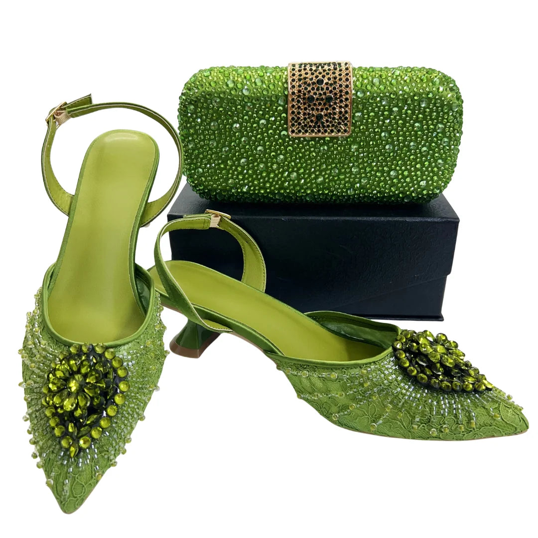 Italian Designer Evening Shoes With Clutch Bag Set for African Wedding and Bridal Occasions Lace Embroidered Beads Women's Shoes