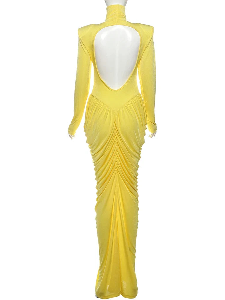 Autumn New Style Maxi Dress Women Turtleneck Full Sleeve Backless Skinny Stretch  Prom Party Ruched Elegant Vestidos