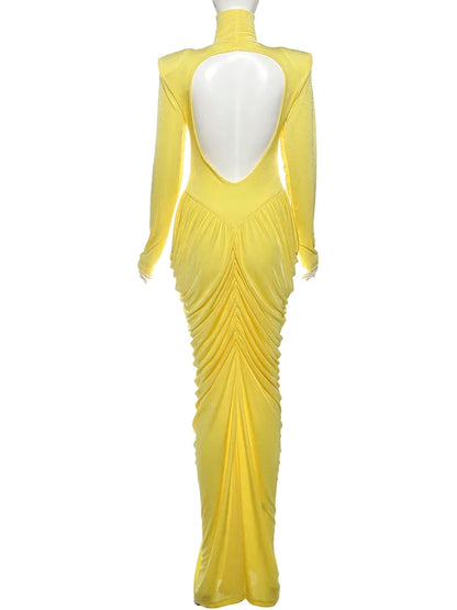 Autumn New Style Maxi Dress Women Turtleneck Full Sleeve Backless Skinny Stretch  Prom Party Ruched Elegant Vestidos