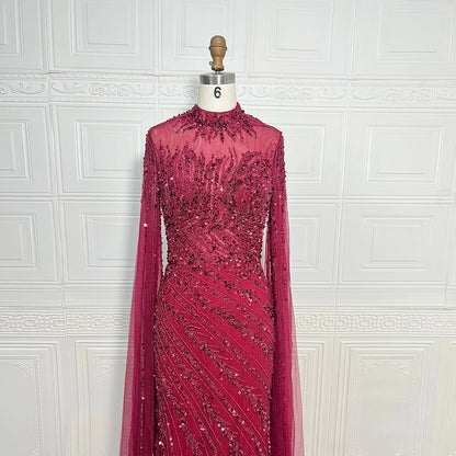 Luxury Saudi Arabia Mermaid Beaded Cape Sleeves High-Neck Evening Dresses 2025 Dubai Party Gowns for Women Wedding Customized