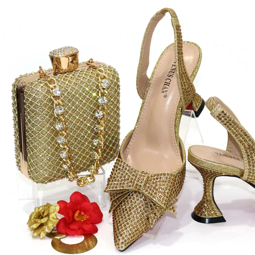 Bridal High Heels for Women 2023 Pointed Toe With Bows Gold Color Rhinestone  Elegant Party Wedding Shoe and Bag Set