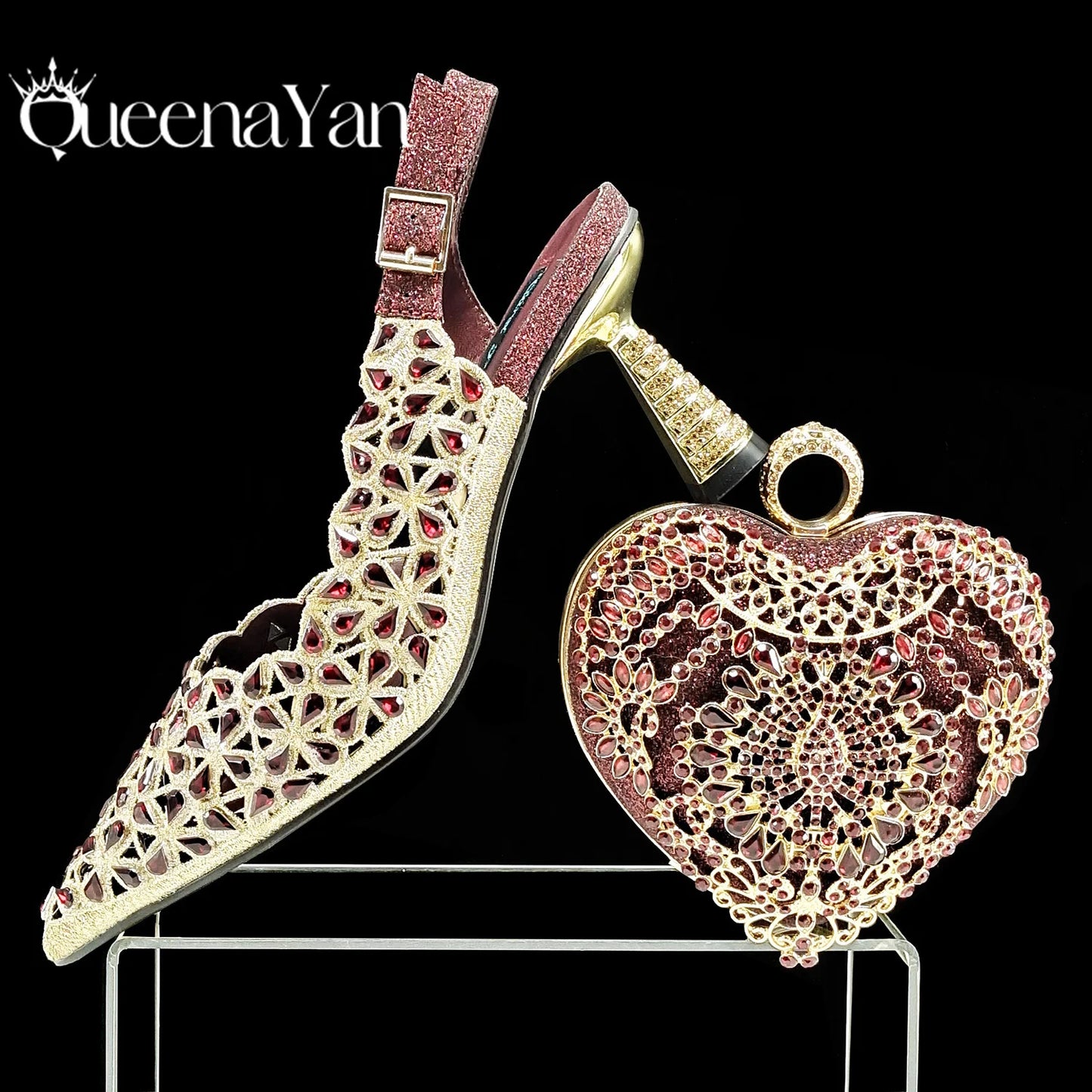 Fashion Design Heart Shape Three-Dimensional Hard Bag and Sexy Stiletto Shoes Shiny Rhinestones