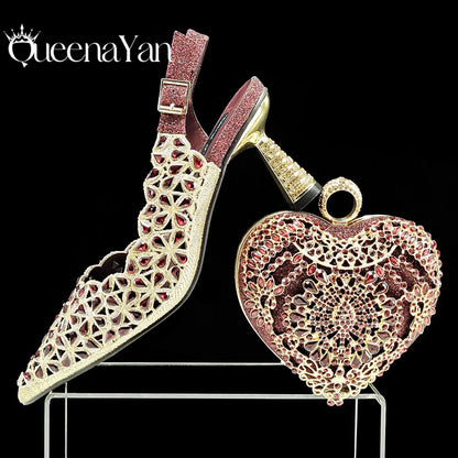 Fashion Design Heart Shape Three-Dimensional Hard Bag and Sexy Stiletto Shoes Shiny Rhinestones