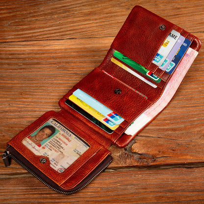 Men's Hand-Rubbed Genuine Leather Short Wallet Top-Grain Vegetable-Tanned Zipper Wallet with Driver's License Card Holder