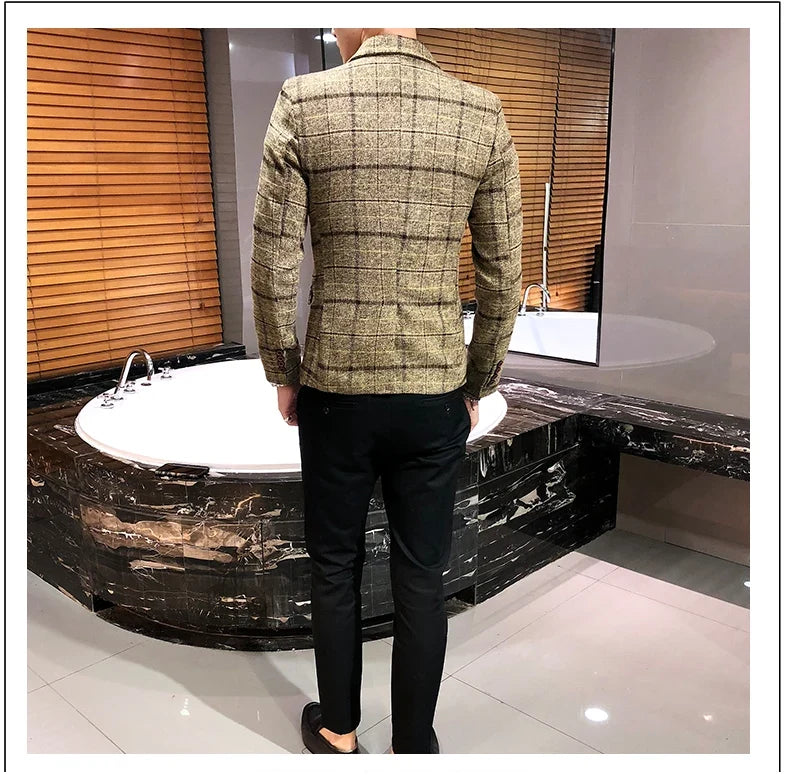 Men Checked Suit Jacket 2023 Spring New Linen Slim Suit Jacket Fashion One-button Business Casual Jacket Large M-5XL Suit Jacket