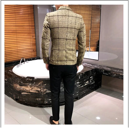 Men Checked Suit Jacket 2023 Spring New Linen Slim Suit Jacket Fashion One-button Business Casual Jacket Large M-5XL Suit Jacket