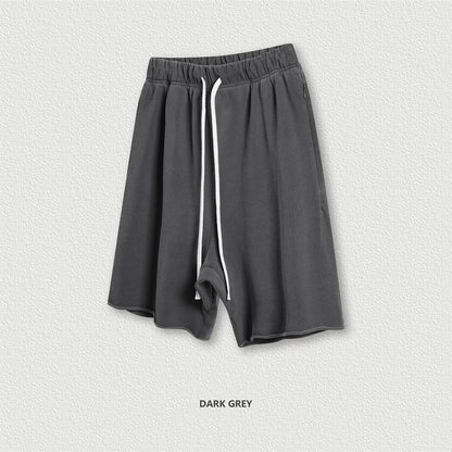 New Summer Men Retro Washed Shorts Unisex Drawstring Loose Edge 420gsm Solid Knee Length Cotton Pants Streetwears HY0589