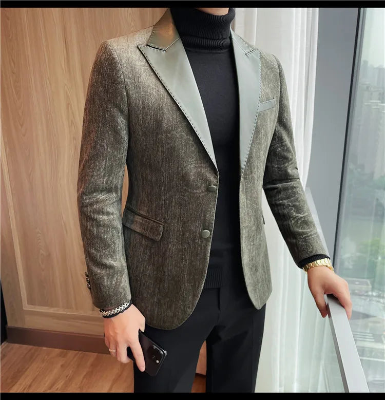 2025 Fashion Leather Neck Spliced Suit Jacket Luxury Men's Business Slim Fit Social Formal Blazers Coats Wedding Groom Tuxedos