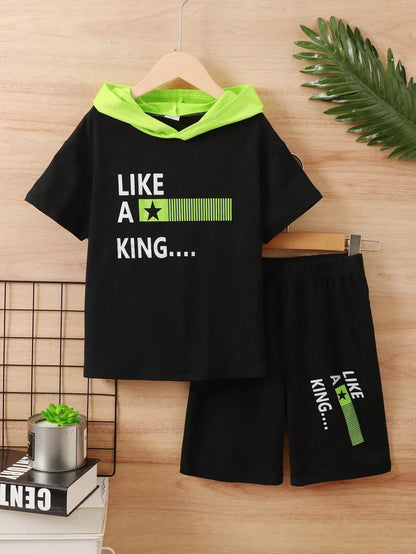Summer  8-12  Years  Old Cool  Boys  Letter  Printing   Short  Sleeved  Hooded   Suit