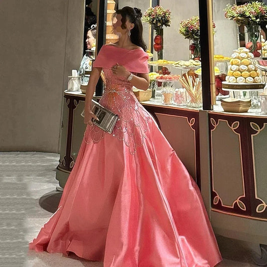 Evening Dresses Off The Shoulder Boat Neck Beading A Line Satin Prom Gown Exquisite High Quality Party Dress for Women Customize