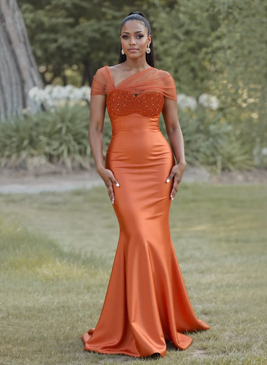 Custom Orange Satin Mermaid Evening Dress Off Shoulder Mesh Beaded Ball Dress Elegant Slimming Wedding Guest Dress