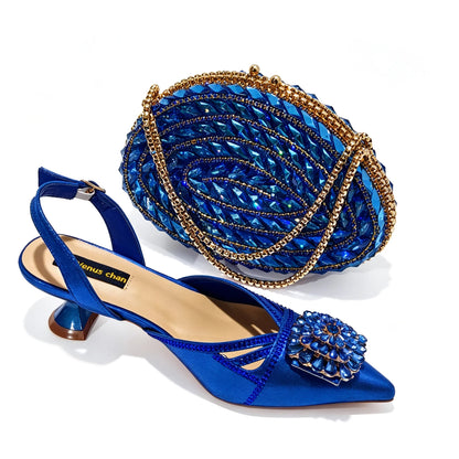 2026 Italian Peach Gold Rhinestone HAND CRAFTED UPPER Pointed Toe Women High Heels Shoes and Bag Set Elegant Party Shoes