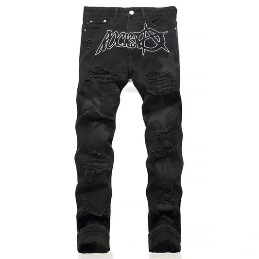 Autumn And Winter Retro Black Ripped Jeans Men'S Straight Leg Pants Pentagram Patch Casual Jeans Pants