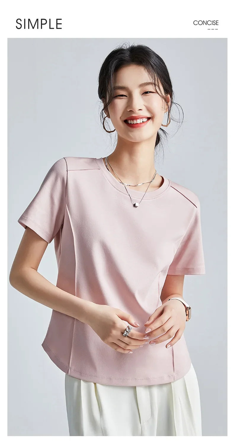 Summer Women's White Mercerized Cotton T-Shirt | 3D Stitching Round Neck Basic Top | Plus Size Slim Fit Layered Casual Blouse