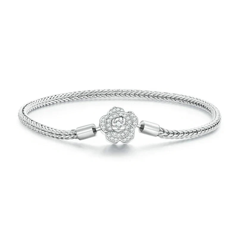 925 Sterling Silver Zircon Rose Buckle Bracelet Snake Chain for Women Bead Charm DIY Chic Jewelry Gift BSB096