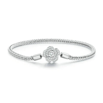 925 Sterling Silver Zircon Rose Buckle Bracelet Snake Chain for Women Bead Charm DIY Chic Jewelry Gift BSB096