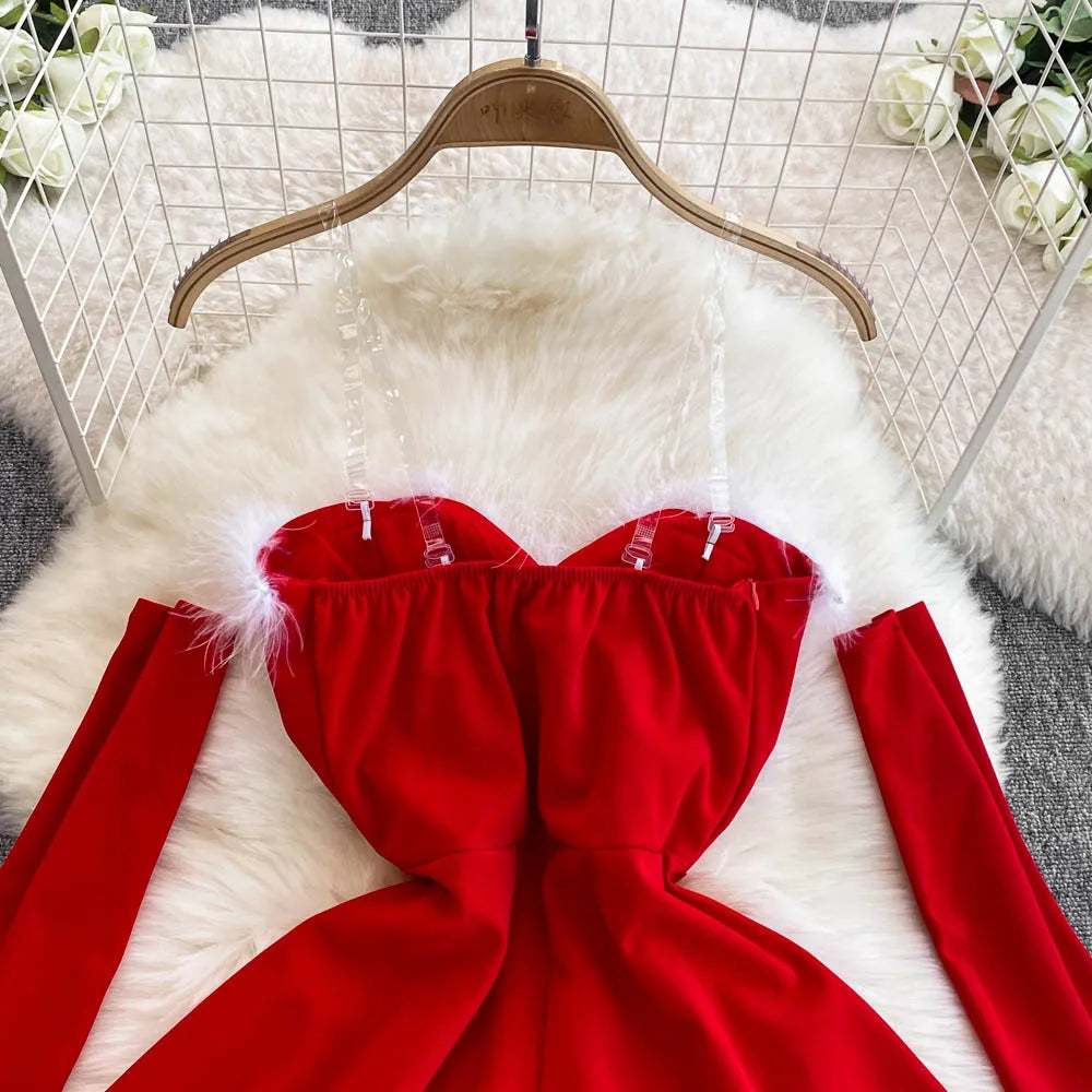 Women's Christmas Dress Sexy Low-cut Waist Thin Big Pendulum Fluffy Splicing Suspender Tube Ling Dress Red