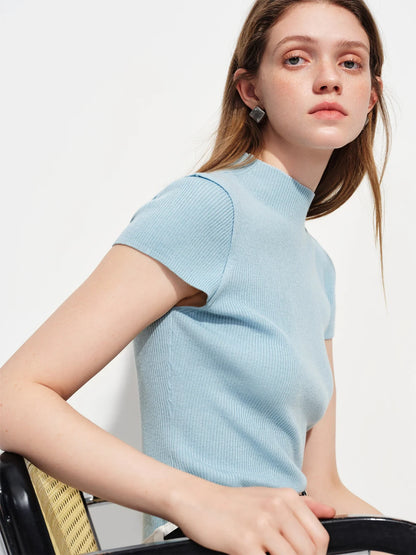 2026 Spring Women's Semi-High Neck Solid Wool Knit Sweater - Slim Fit Short Sleeve Simple Top for Casual Office Wear