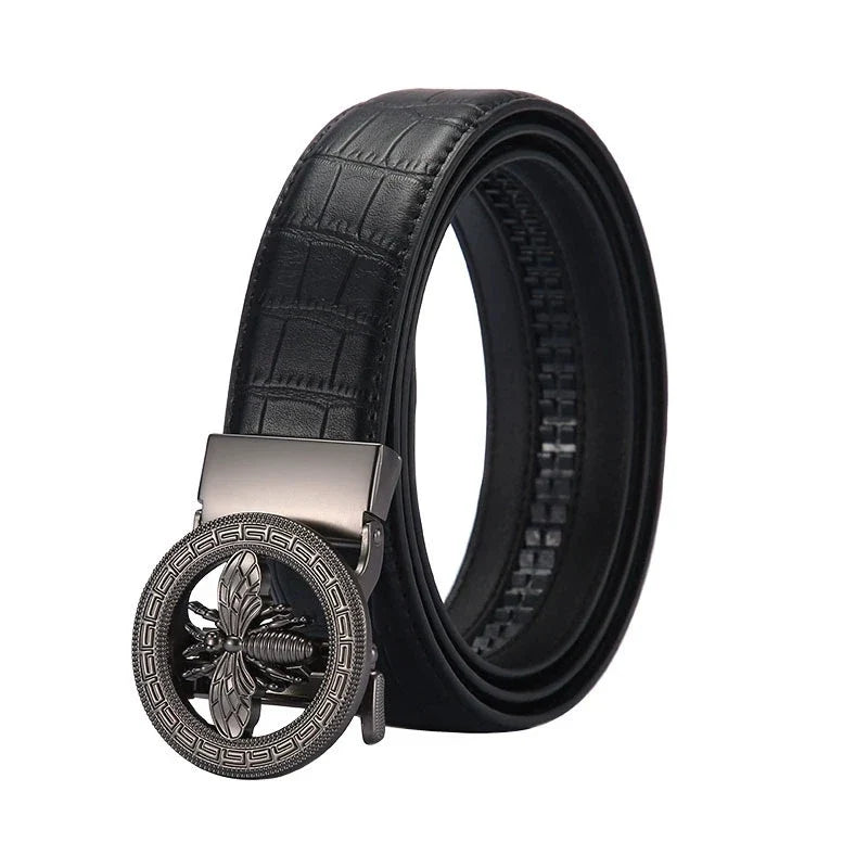 High-End Men's Casual Leather Belt; Small Bee Automatic Buckle Belt; Business Versatile Bamboo Texture Belt.