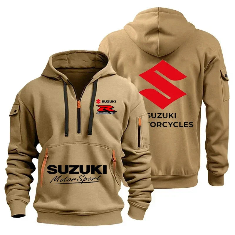 men's hooded sweatshirt for autumn and winter outdoor motorcycle sweatshirt, semi-zipper hooded sweatshirt