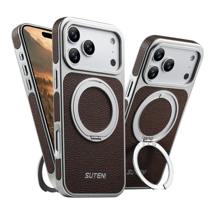 Faux Leather Magnet Wireless Charging Phone Case 360° Rotating Stand Ring Buckle Frosted Feel For iPhone 17 Pro Max 16 15