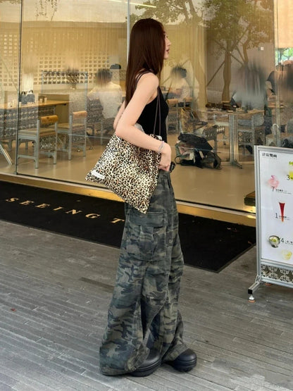 plus Size American Retro Camouflage Casual Work Pants Women's Loose Wide Leg Jeans Autumn New Sle High Waist Zipper Closure