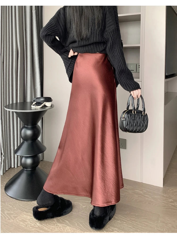New Autumn Winter Solid Satin Silk Mermaid Skirt Women Fashion High Waist Office Ladies Work Warmth Party Long Maxi Skirt