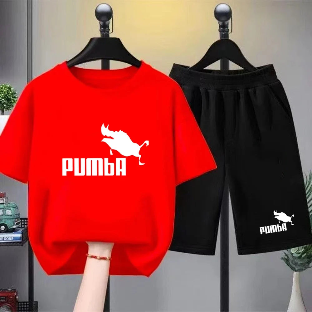 Black Children T-shirt+Bottom Wear Age 3-12 Boy Girls Set 2pcs Kids Set Wild Boar Summer Tshirt Print Leisure