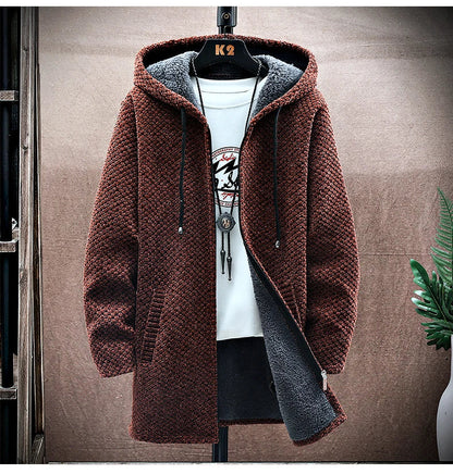 Men's Cardigan Cashmere Long Coat Sweaters with Hoods Autumn Winter New Fleece Warm Solid SweaterCoat Windbreaker Men Clothing