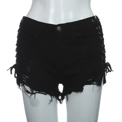 Sexy Women's Jeans Fashion Casual Side Lace-Up Denim Shorts Sexy Hot Denim Short pants Club dance Ripped short jeans