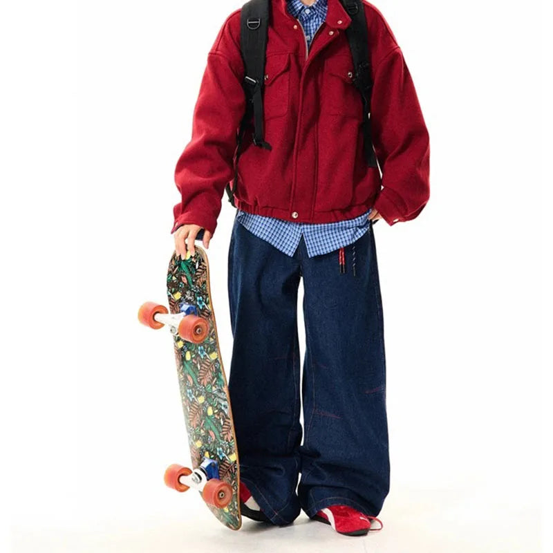 New Korean Retro Blue Straight Leg Jeans Casual Loose Wide Leg Pants Fashion Men's Wide Jeans High Quality Pants