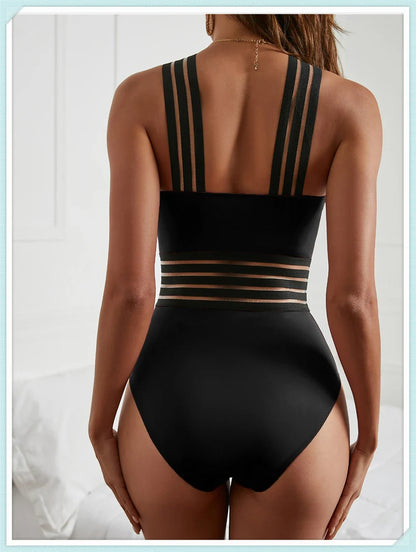 Solid Mesh Tape Swimsuit 2026 One Piece Sexy High Neck Swimwear Women Cross Front Bathing Suit Female Padded Beachwear Bodysuit