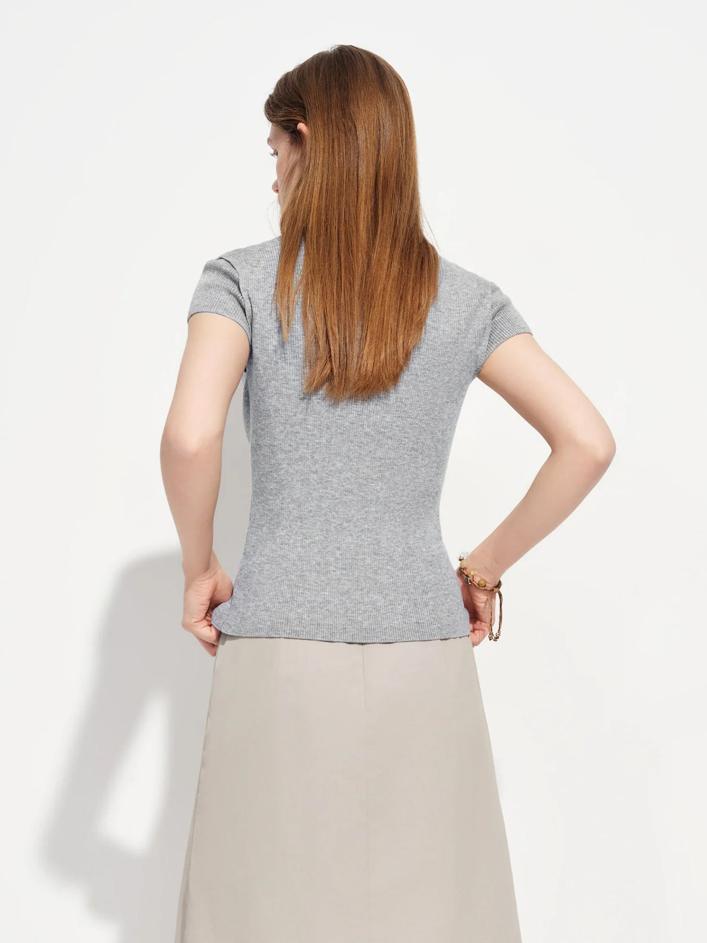 2026 Spring Women's Semi-High Neck Solid Wool Knit Sweater - Slim Fit Short Sleeve Simple Top for Casual Office Wear