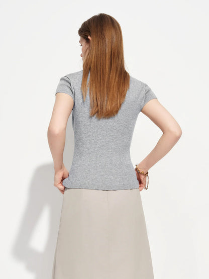 2026 Spring Women's Semi-High Neck Solid Wool Knit Sweater - Slim Fit Short Sleeve Simple Top for Casual Office Wear