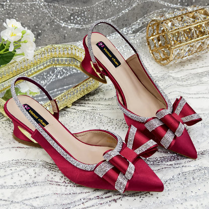Elegant Gold Satin Rhinestone Bow Slingback Heel & Clutch Bag Set, Women Bridal Matching Kit For Wedding Party Evening Prom Form
