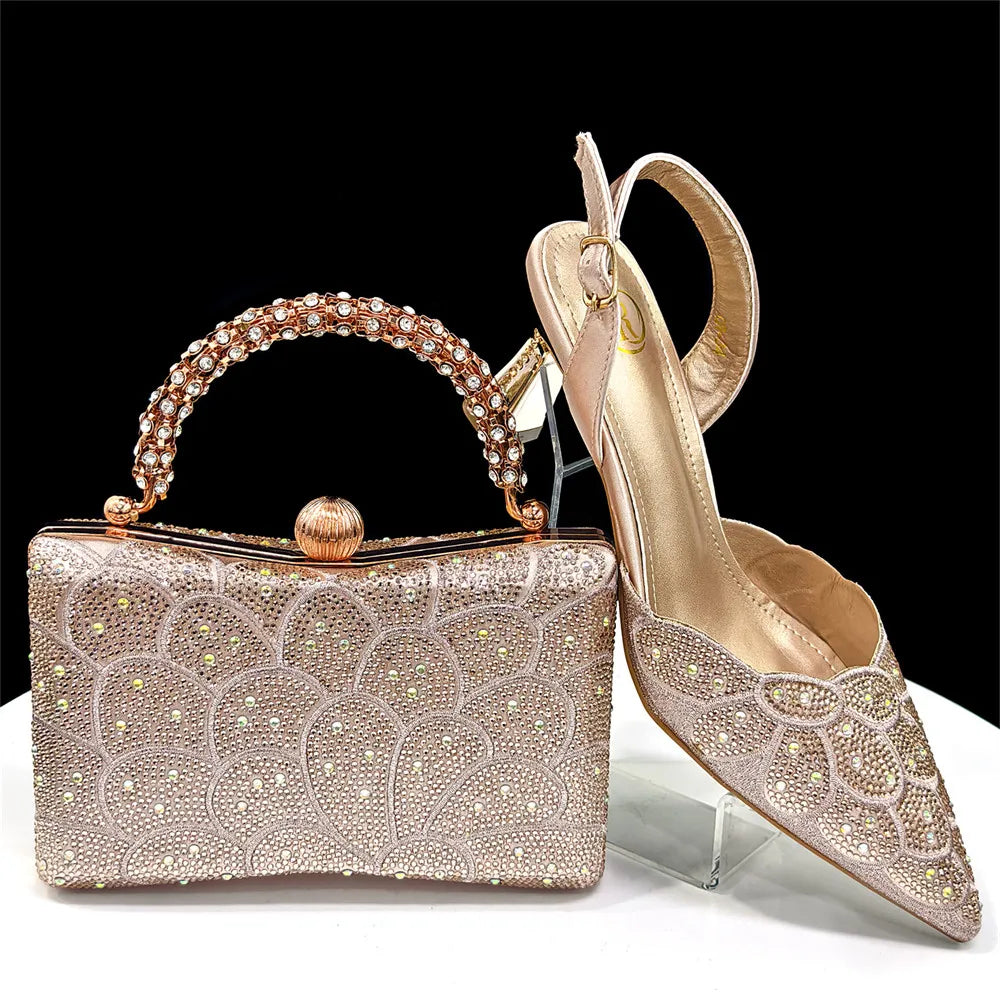 2026 Women's Blue Color Heels with Rhinestone Accents & Matching Bag Set - Elegant Italian Fashion Pointed Toe Design