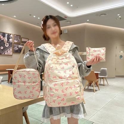 Korean Fashion Bow Print Women's Fashion Backpack Lightweight Simple Student Schoolbag Female Bag Set Three-Piece