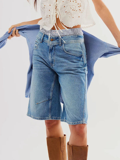 New Womens Knee Length Denim Shorts Solid Color Low Waist Wide Leg Jean Shorts For Summer Club Street Style S-2XL