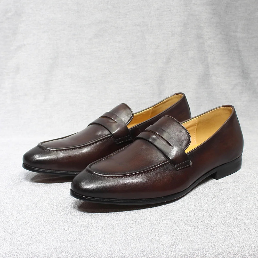 Mens Penny Loafers Leather Shoes Genuine Leather Elegant Wedding Party Casual Dress Shoes Brown Black Shoes for Men