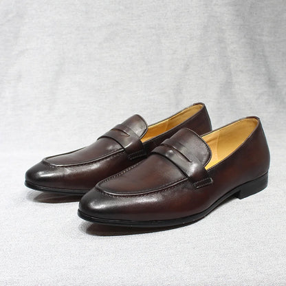 Mens Penny Loafers Leather Shoes Genuine Leather Elegant Wedding Party Casual Dress Shoes Brown Black Shoes for Men