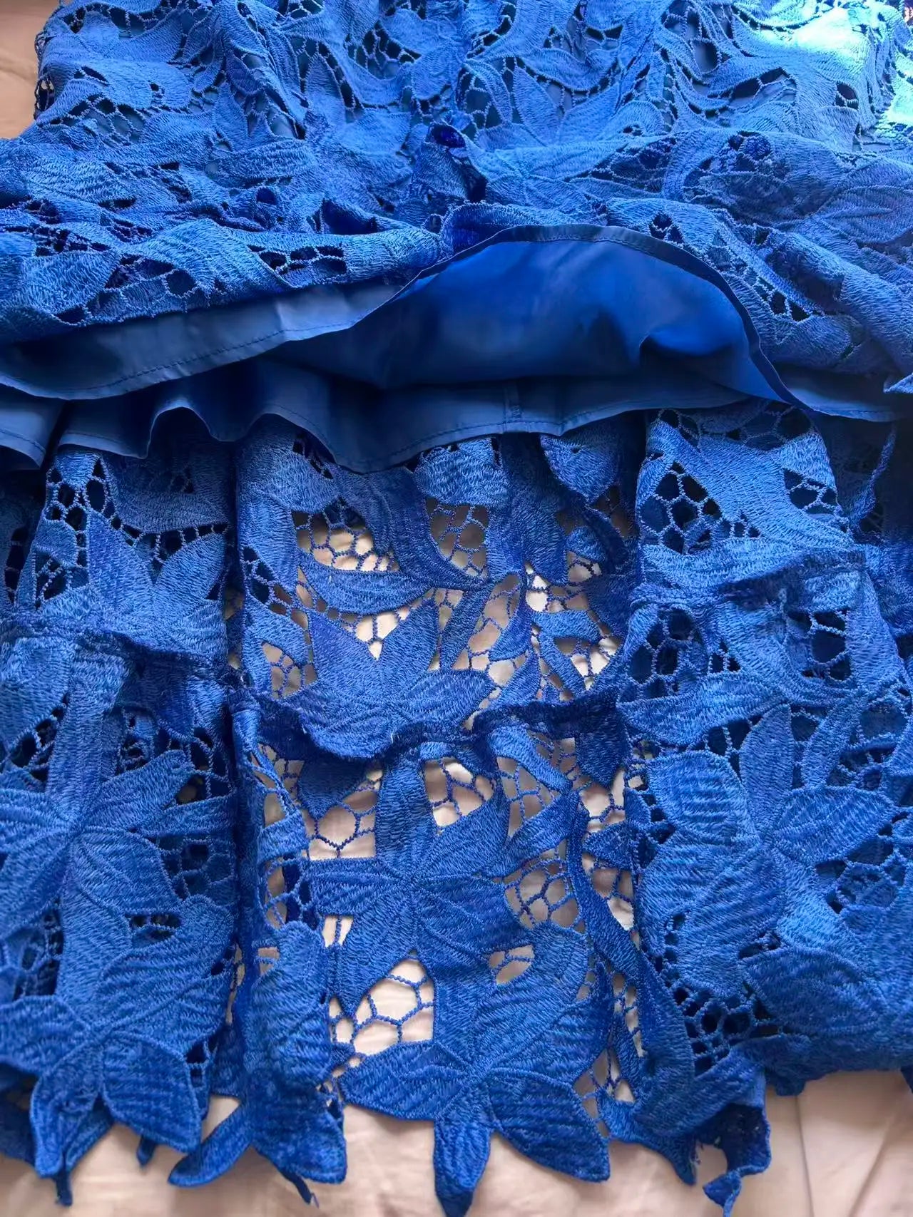Sexy Lace Hollow High Low Long Formal Plus Size Dress With Short Sleeves Royal Blue
