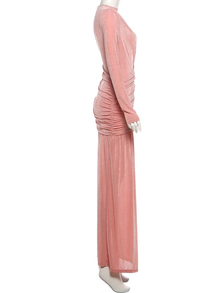 Folds Maxi Dress Women o-Neck Full Sleeve Solid Banquet Elegant Vacation Fashion Autumn Skinny Casual Simple Vestidos