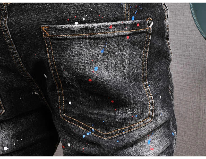 Fashion Streetwear Men Jeans Retro Black Blue Elastic Slim Fit Ripped Jeans Men Spliced Designer Embroidery Hip Hop Denim Pants