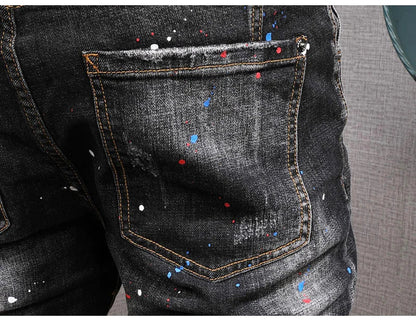 Fashion Streetwear Men Jeans Retro Black Blue Elastic Slim Fit Ripped Jeans Men Spliced Designer Embroidery Hip Hop Denim Pants