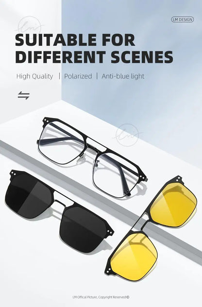 2025 New 3 In 1 Magnetic Multifunctional Men's Glasses Polarized Day Night Vision Clip Eyeglasses Blue Light Blocking Glasses