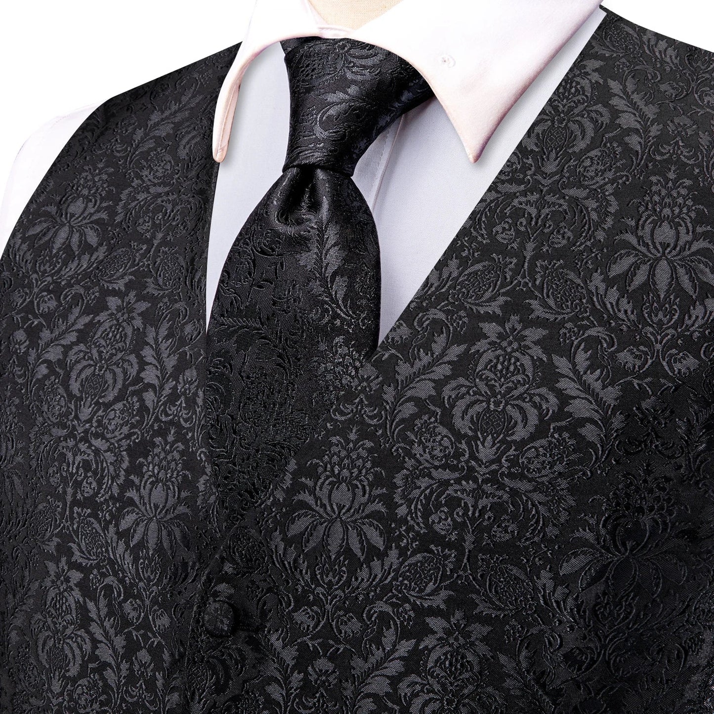 4PC Black Silk Mens Suit Vests Woven Floral Waistcoat Tie Pocket Square Cufflink Business Wedding Dress Waist Jacket