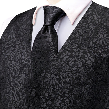 4PC Black Silk Mens Suit Vests Woven Floral Waistcoat Tie Pocket Square Cufflink Business Wedding Dress Waist Jacket