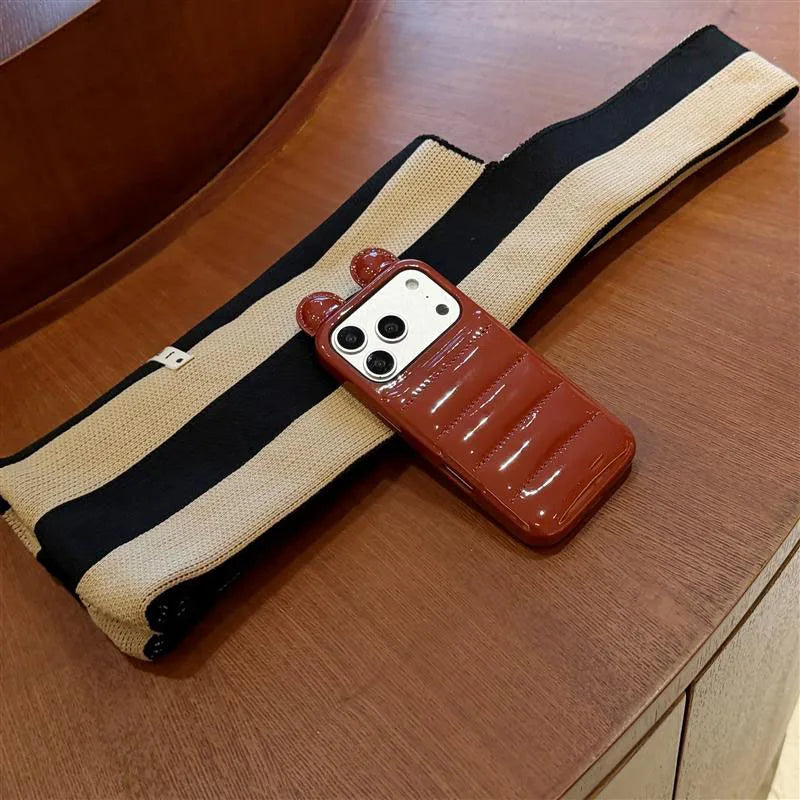 Coordinated Winter Bear-Ear Down Jacket For iPhone 17 16 15 14 Pro Max Phone Case Shockproof Fashion Cover Skin Leather Funda